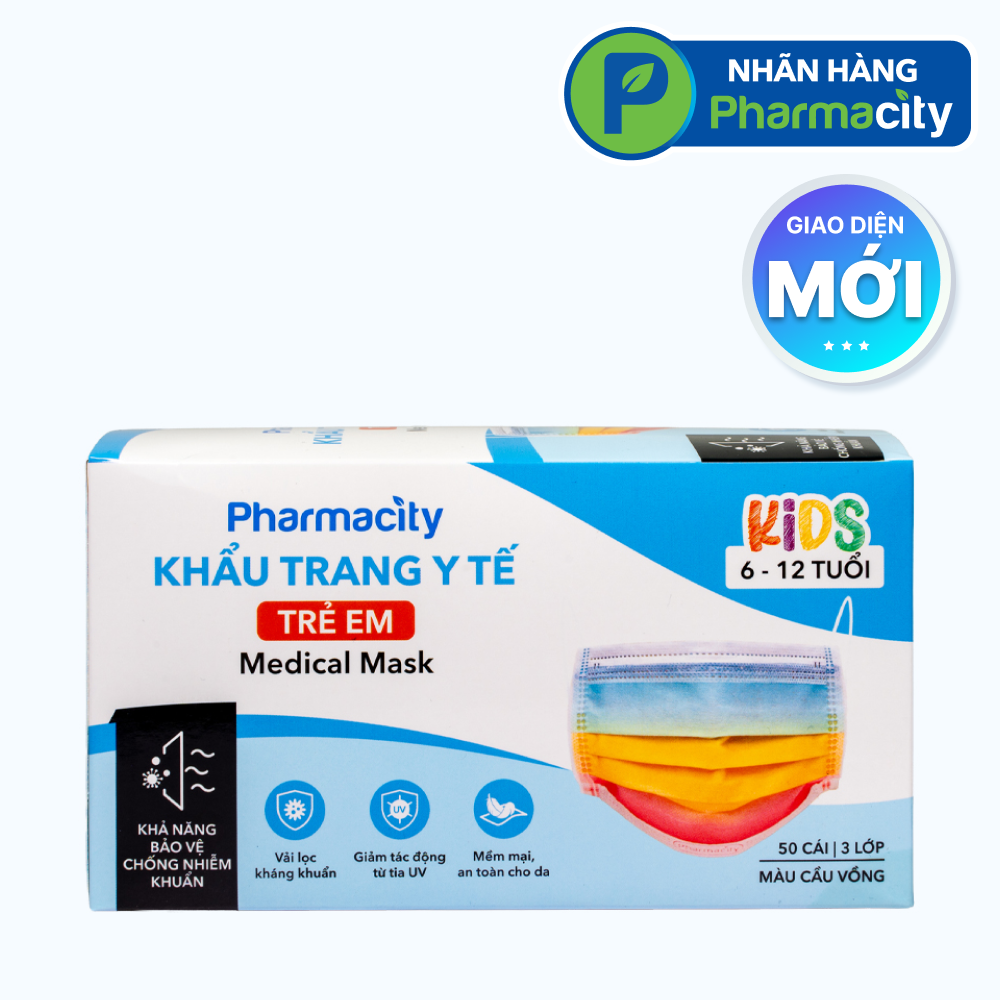 Khẩu trang y tế 3 lớp trẻ em 6-12 tuổi Pharmacity (Hộp 50 cái) màu cầu vồng