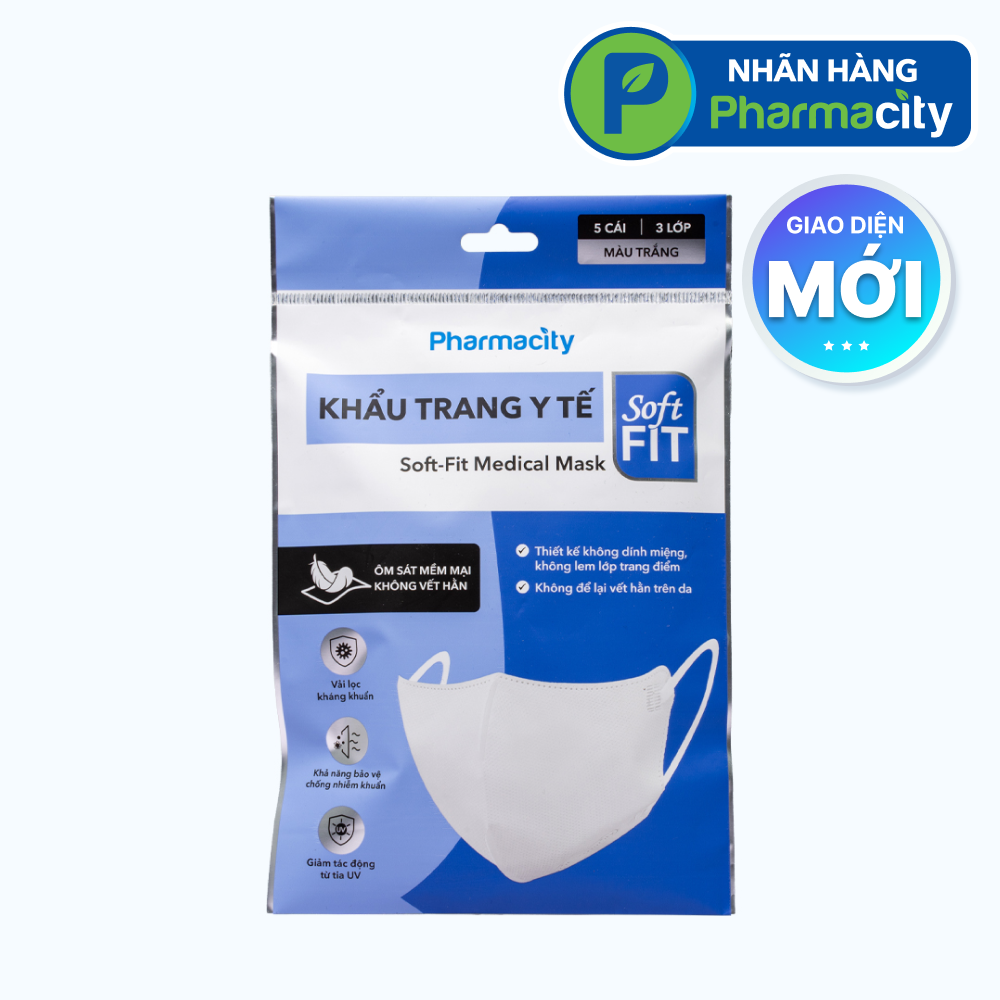 Khẩu trang y tế Soft-Fit Pharmacity (Gói 5 cái) màu trắng - 3 lớp