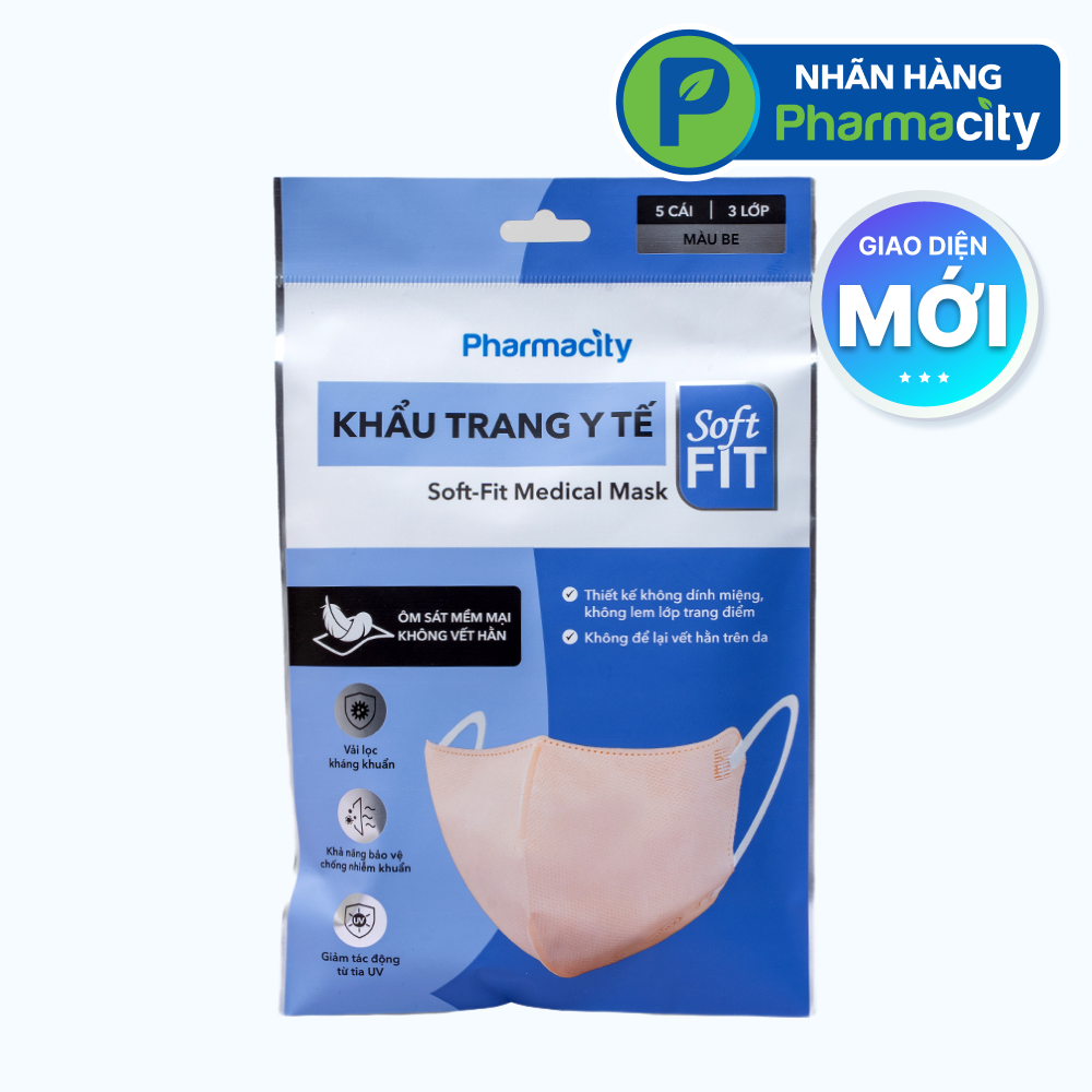 Khẩu trang y tế Soft-Fit Pharmacity (Gói 5 cái) màu be - 3 lớp