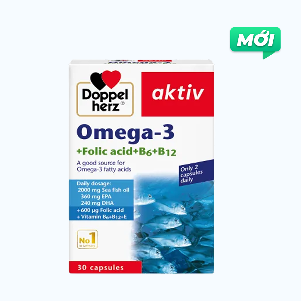 Viên uống DOPPELHERZ Omega-3 + Folic acid + B6 + B12 hỗ trợ mạch máu khỏe mạnh (Hộp 30 viên)