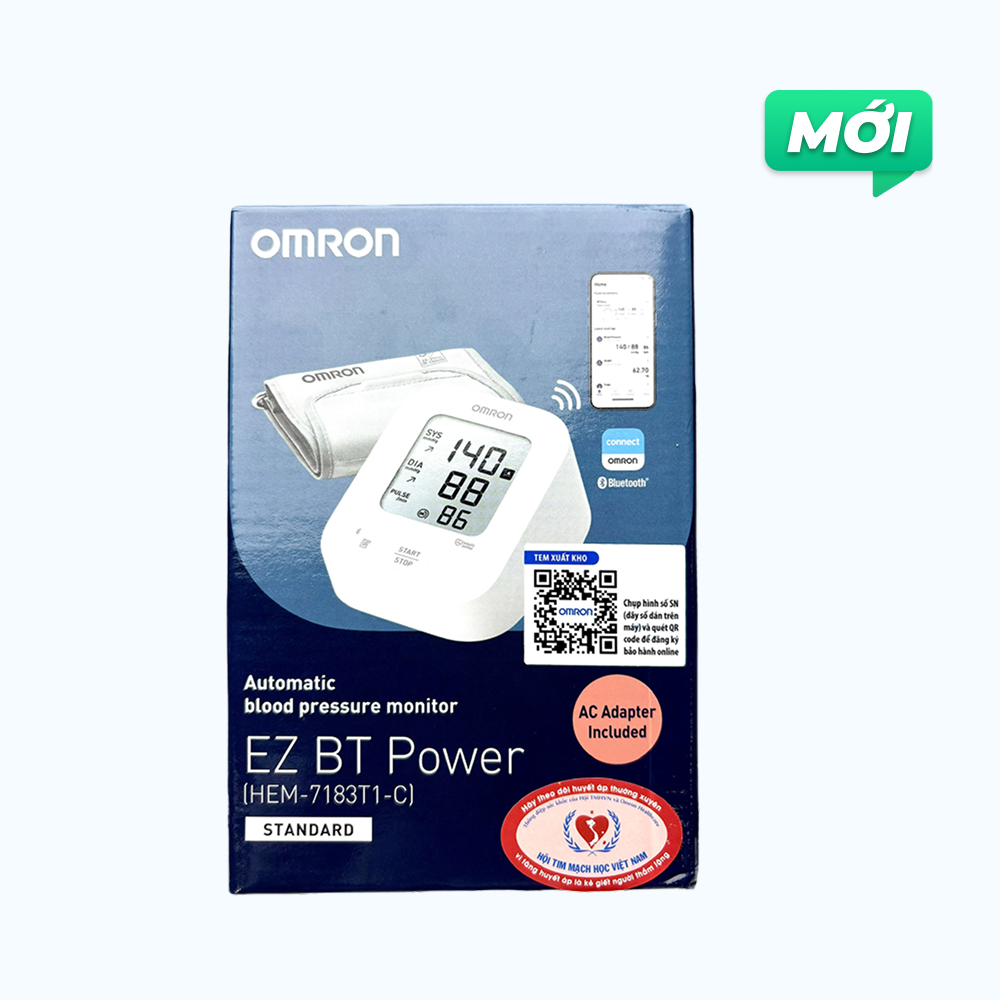 Máy đo huyết áp bắp tay Omron HEM-7183T1 EZ BT Power Kết Nối Bluetooth (Hộp 1 Cái)