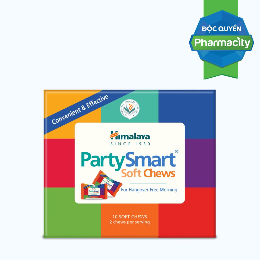 Viên nhai HIMALAYA Party Smart hỗ trợ cải thiện đau đầu, buồn nôn do uống rượu bia (Hộp 10 viên)