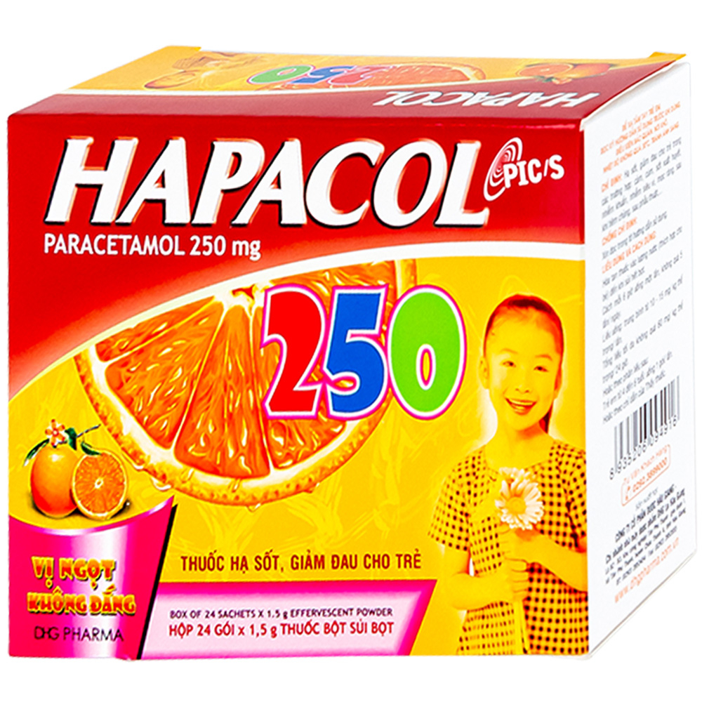 Hapacol 250 công dụng là giảm đau, hạ sốt (hộp 24 gói)