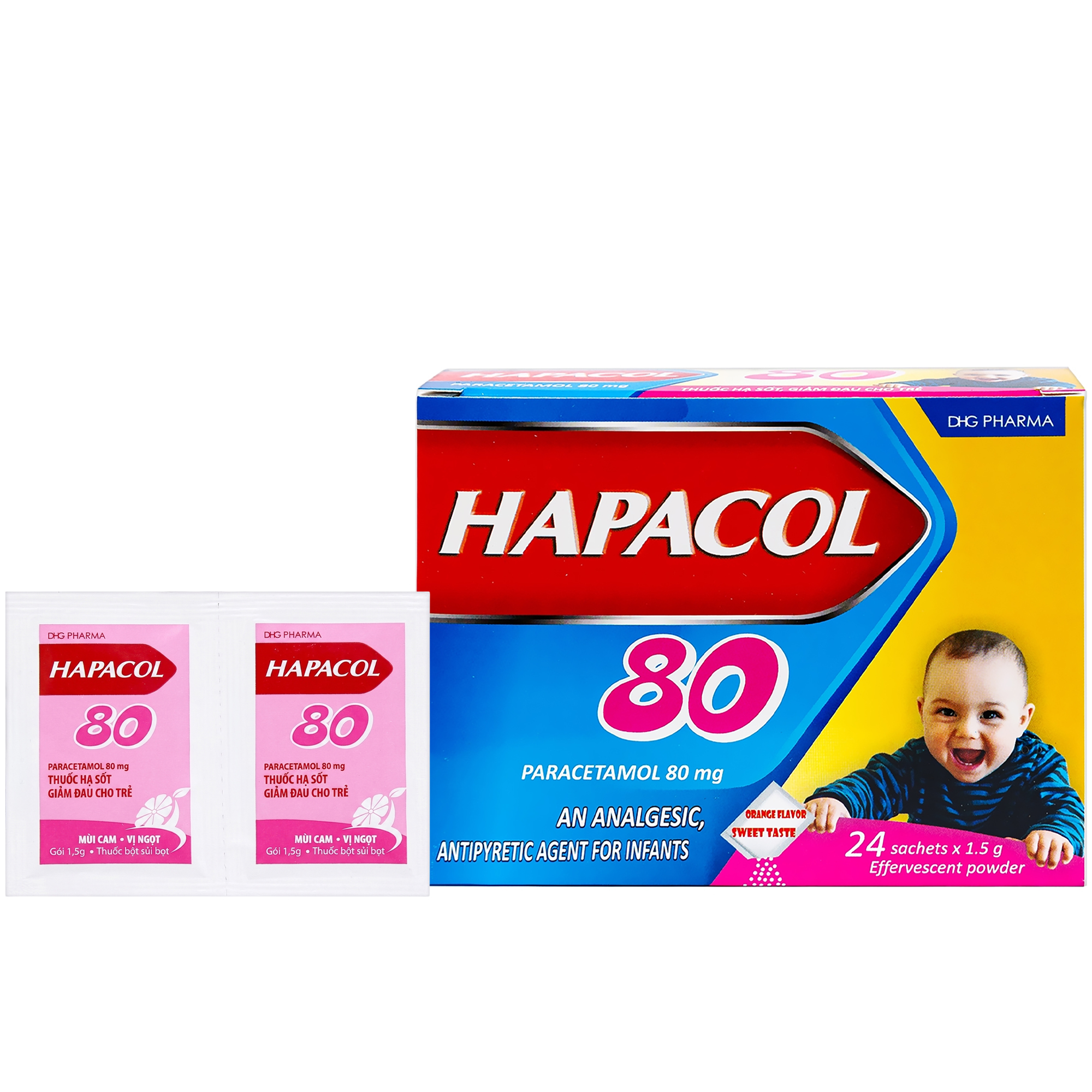 Bột sủi bọt Hapacol 80mg điều trị hạ sốt, giảm đau (hộp 24 gói)