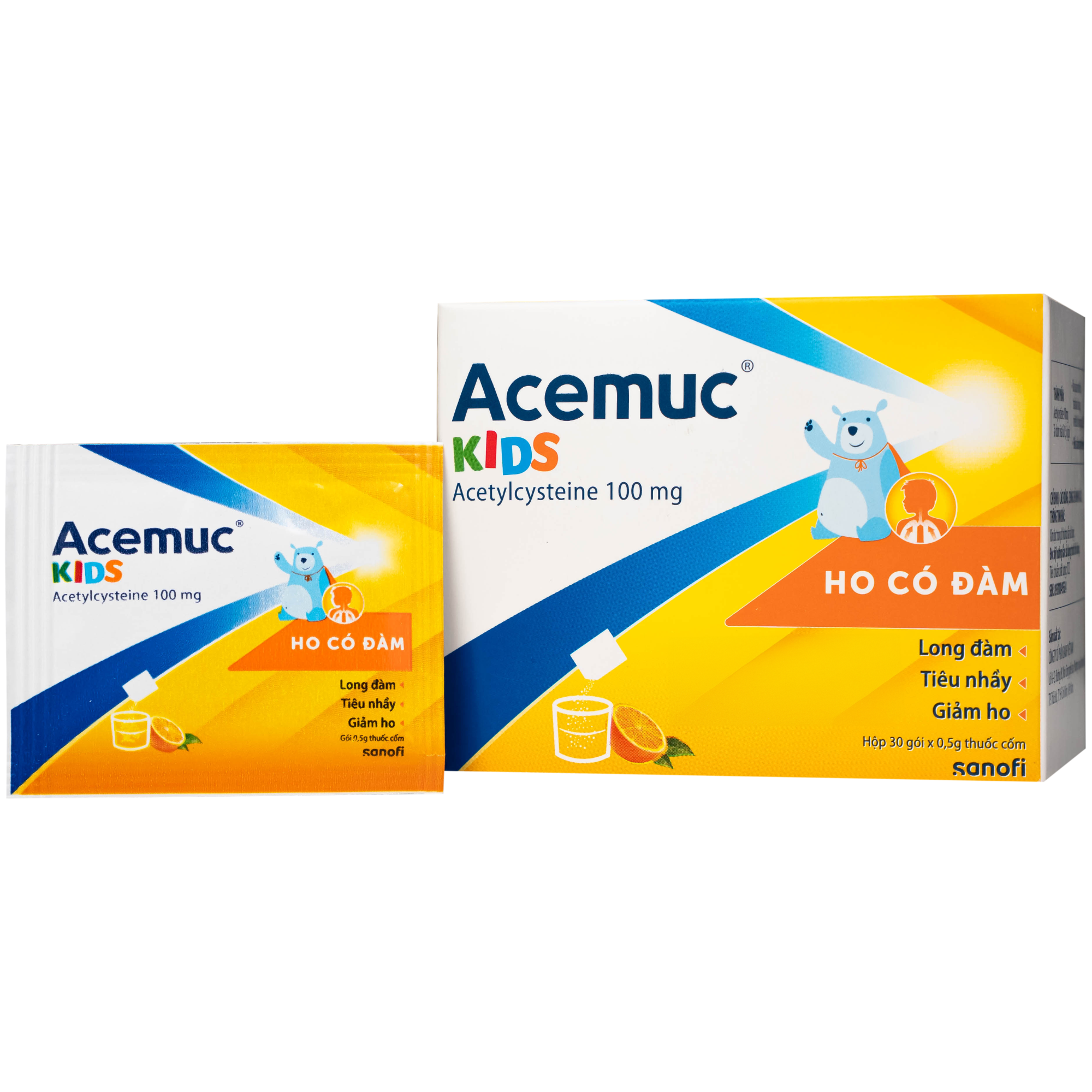 Thuốc cốm Acemuc 100mg tiêu nhầy, loãng đàm trong bệnh hô hấp (hộp 30 gói)