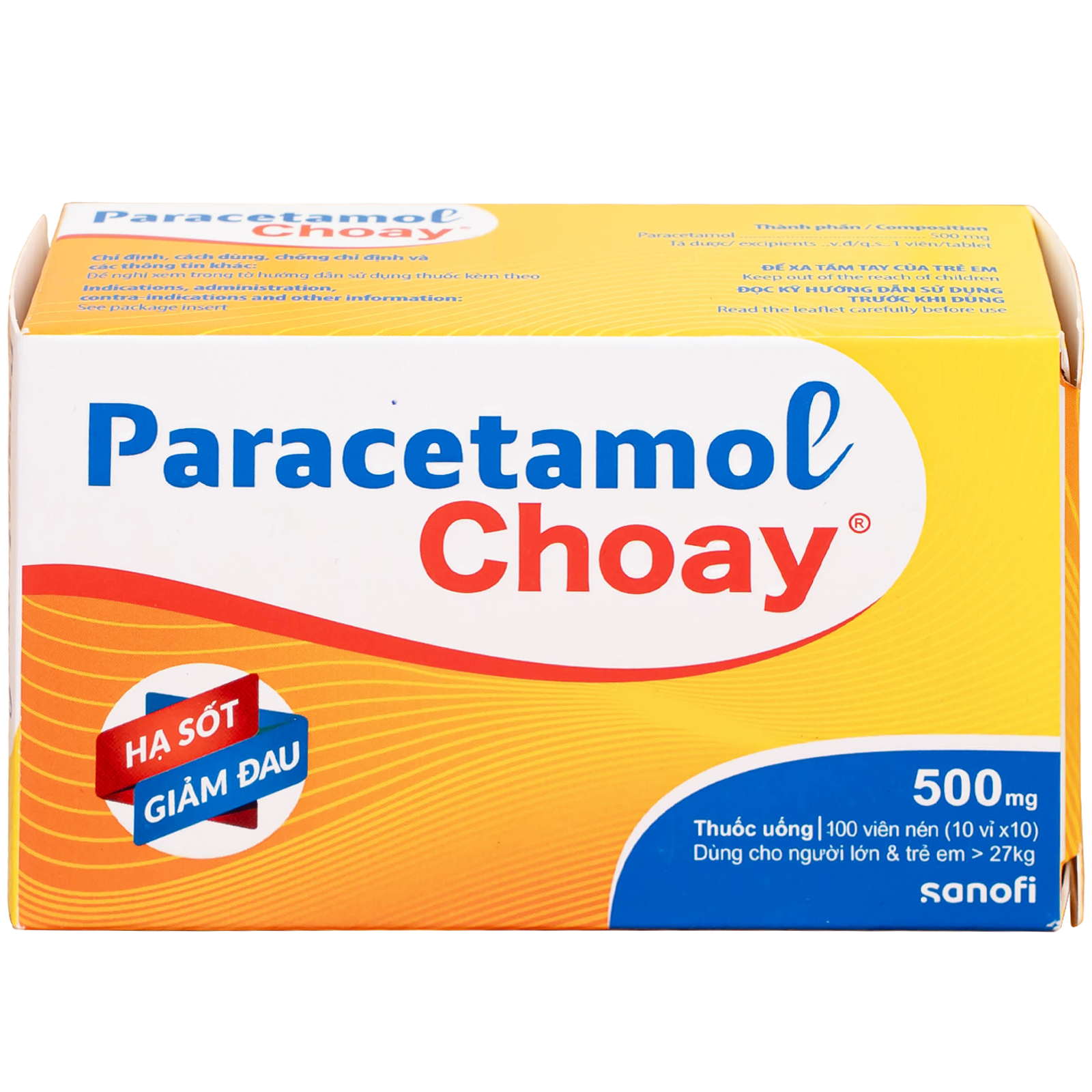 Thuốc Paracetamol Choay 500mg giảm đau, hạ sốt (10 vỉ x 10 viên)