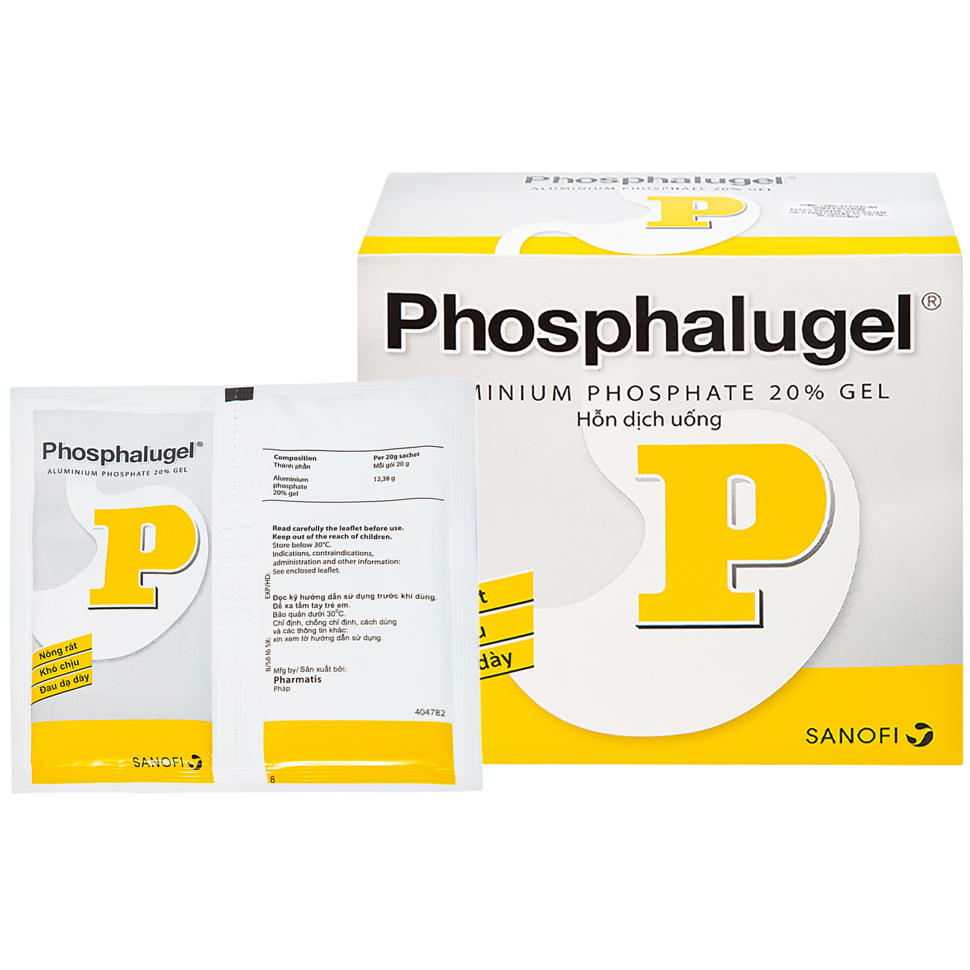 Thuốc Phosphalugel Susp 20% Thuốc trị đau dạ dày, trào ngược (Hộp 26 gói x 20g)