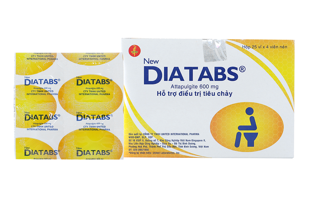 Thuốc Diatabs 600mg điều trị tiêu chảy, rối loạn tiêu hóa (25 vỉ x 4 viên)