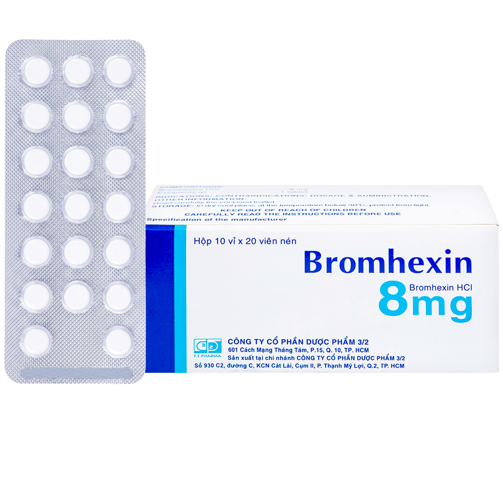 Thuốc Bromhexin 8mg FT Pharma tiêu nhầy, loãng đàm, giảm ho (10 vỉ x 20 viên)