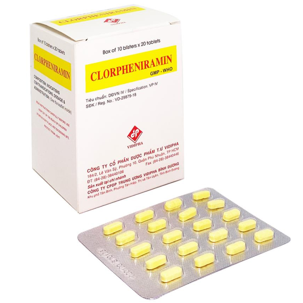 Thuốc Clorpheniramin Vidipha 4mg điều trị triệu chứng viêm mũi dị ứng, mày đay (10 vỉ x 20 viên)