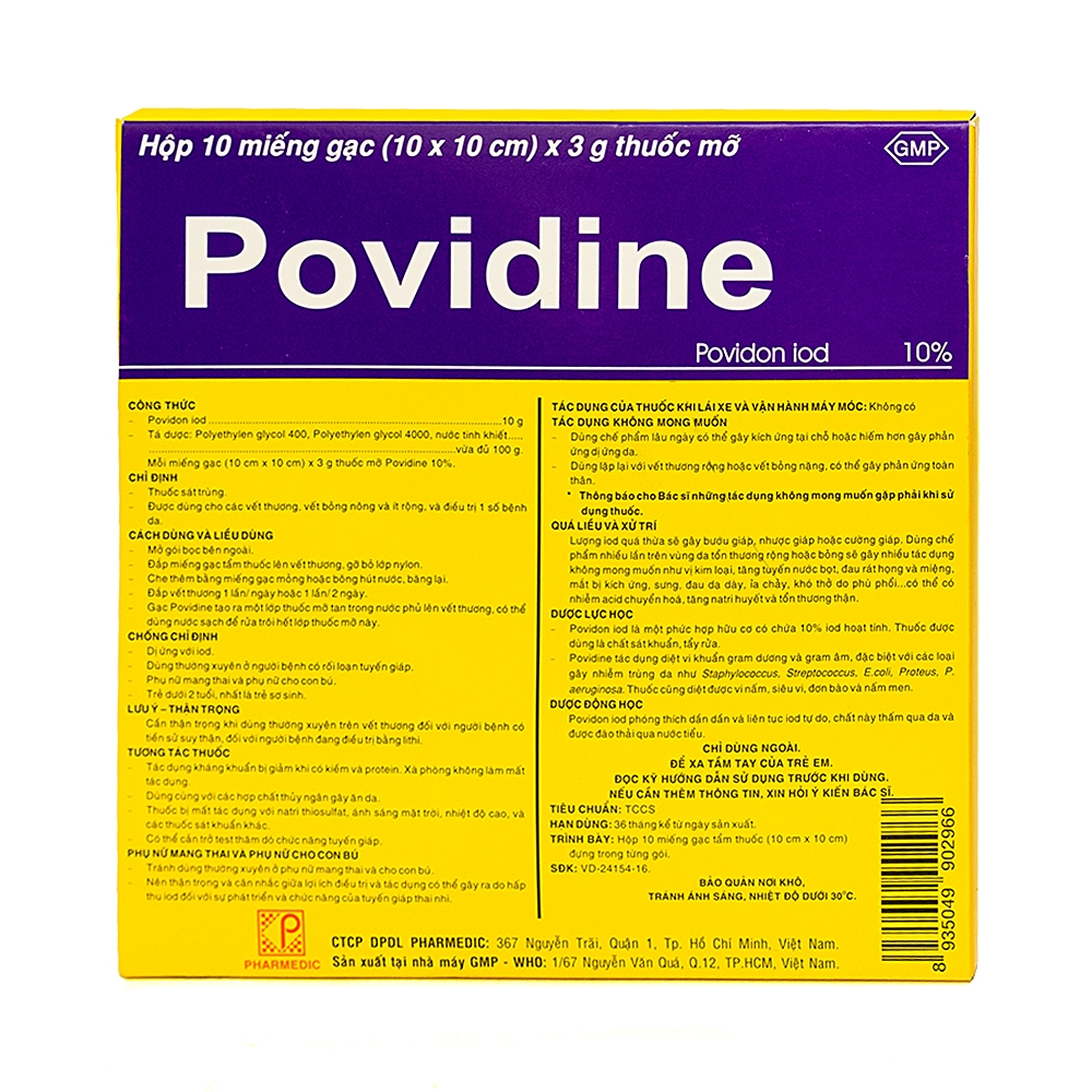 Miếng gạc Povidine 10% sát trùng vết thương, vết bỏng, điều trị 1 số bệnh da (hộp 10 miếng)