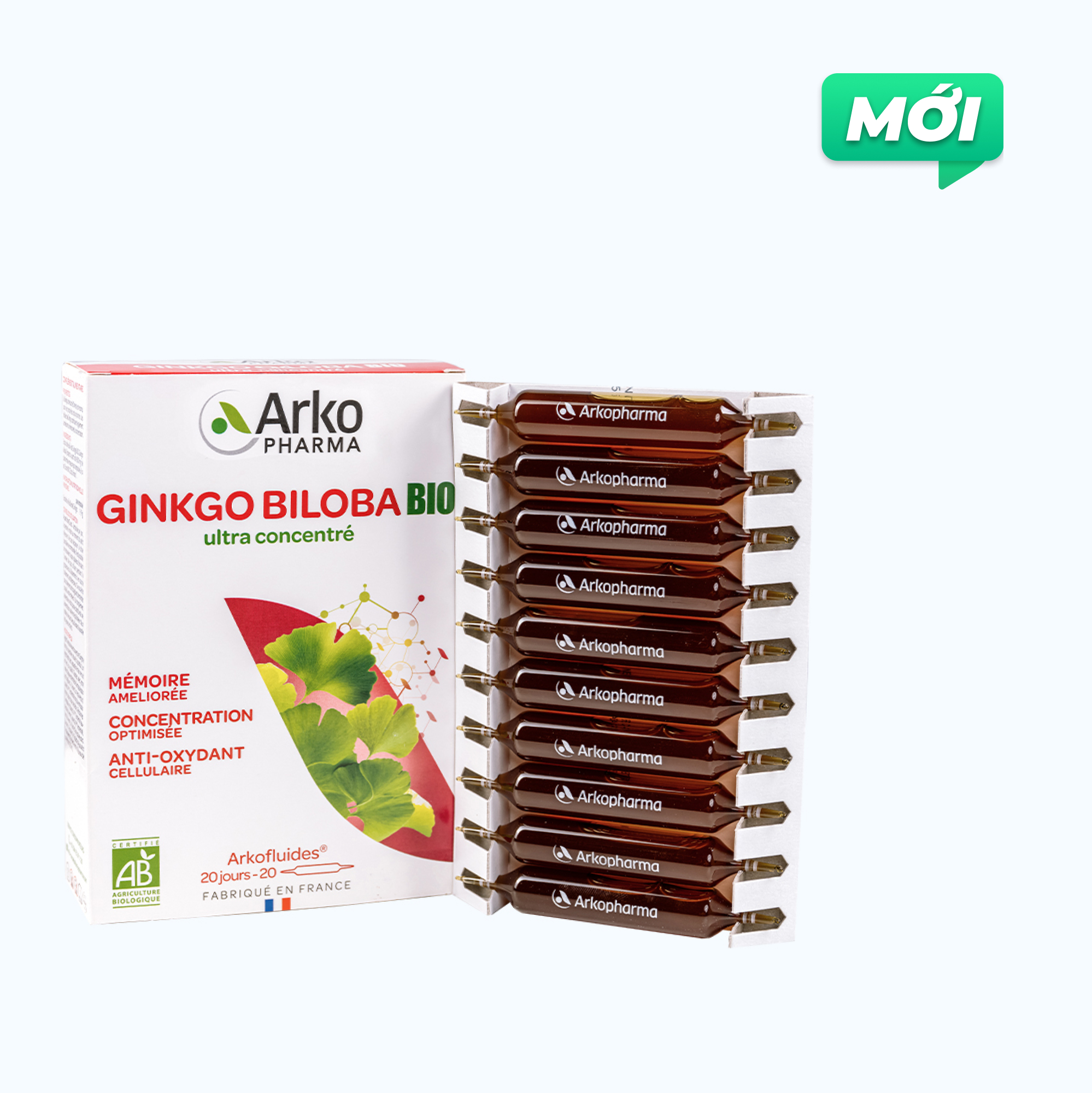 ARKOPHARMA Ginkgo Biloba Bio hỗ trợ tăng cường tuần hoàn máu não, cải thiện trí nhớ (Hộp 20 ống)