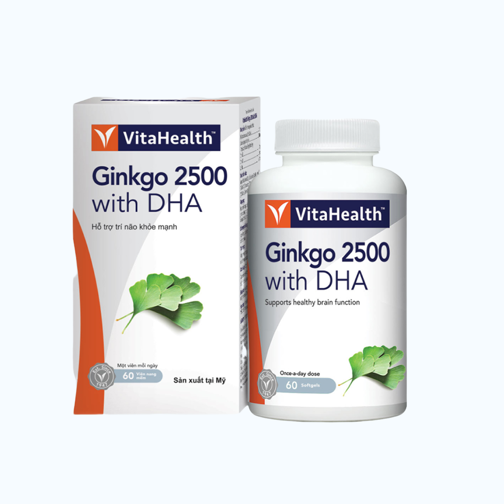 Thực phẩm bảo vệ sức khoẻ VitaHealth Ginkgo 2500 with DHA hỗ trợ tăng cường lưu thông máu não (Hộp 60 viên)