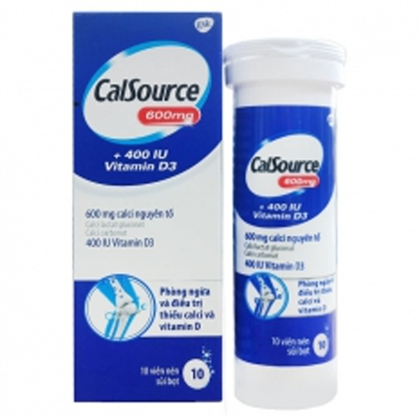 Viên nén sủi bọt CalSource 600mg/400IU bổ sung calci, D3, phòng và trị loãng xương (tuýp 10 viên)