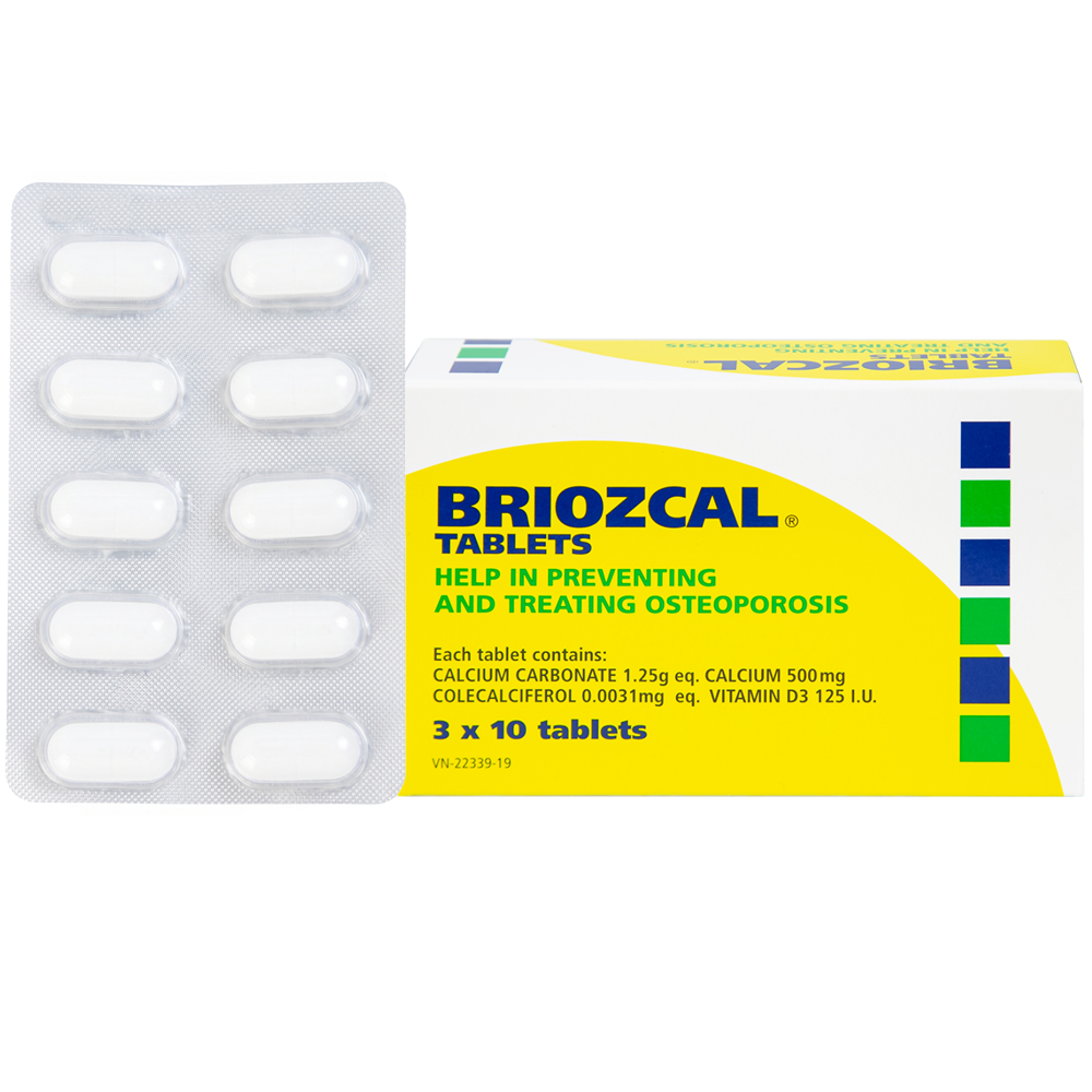 Thuốc Briozcal điều trị, phòng ngừa thiếu D3 và calci (3 vỉ x 10 viên)