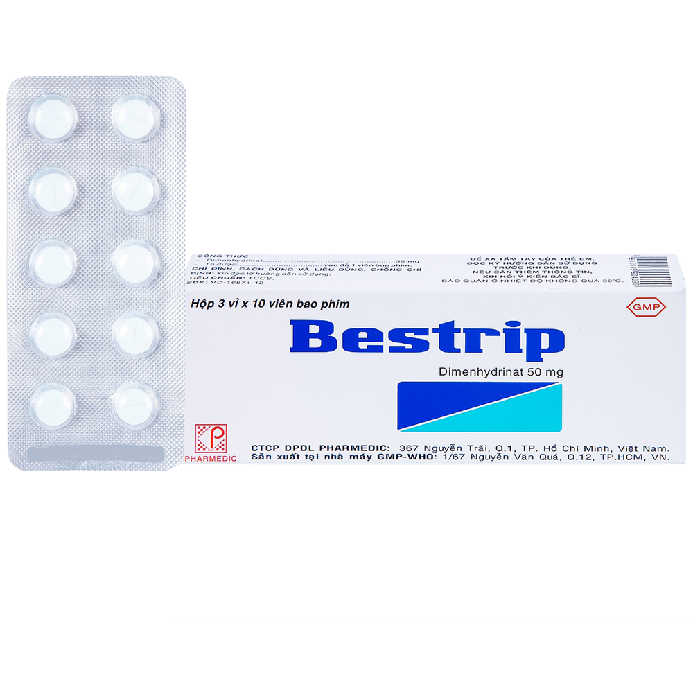 Thuốc Bestrip 50mg phòng ngừa và điều trị say tàu xe (3 vỉ x 10 viên)