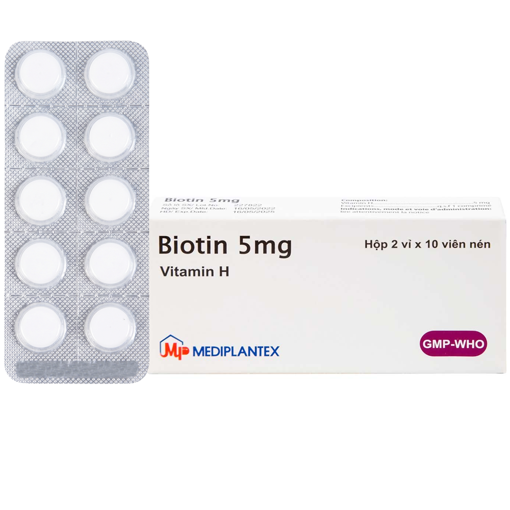Thuốc Biotin 5mg rụng tóc, viêm da bong, thiếu hụt vitamin H (2 vỉ x 10 viên)
