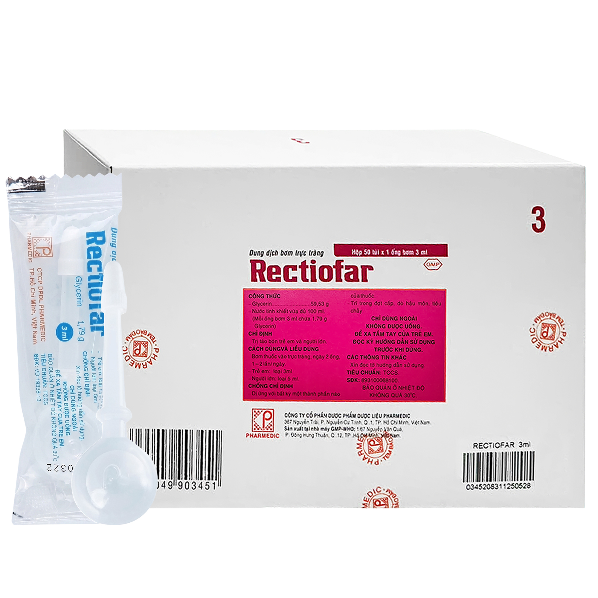 Dung dịch bơm trực tràng Rectiofar 3ml điều trị táo bón (hộp 50 ống)