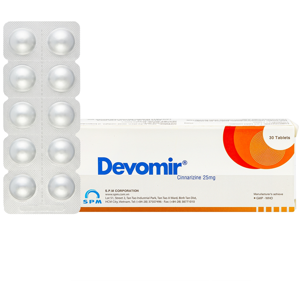 Thuốc Devomir 25mg điều trị chóng mặt, đau nữa đầu, say tàu xe (3 vỉ x 10 viên)