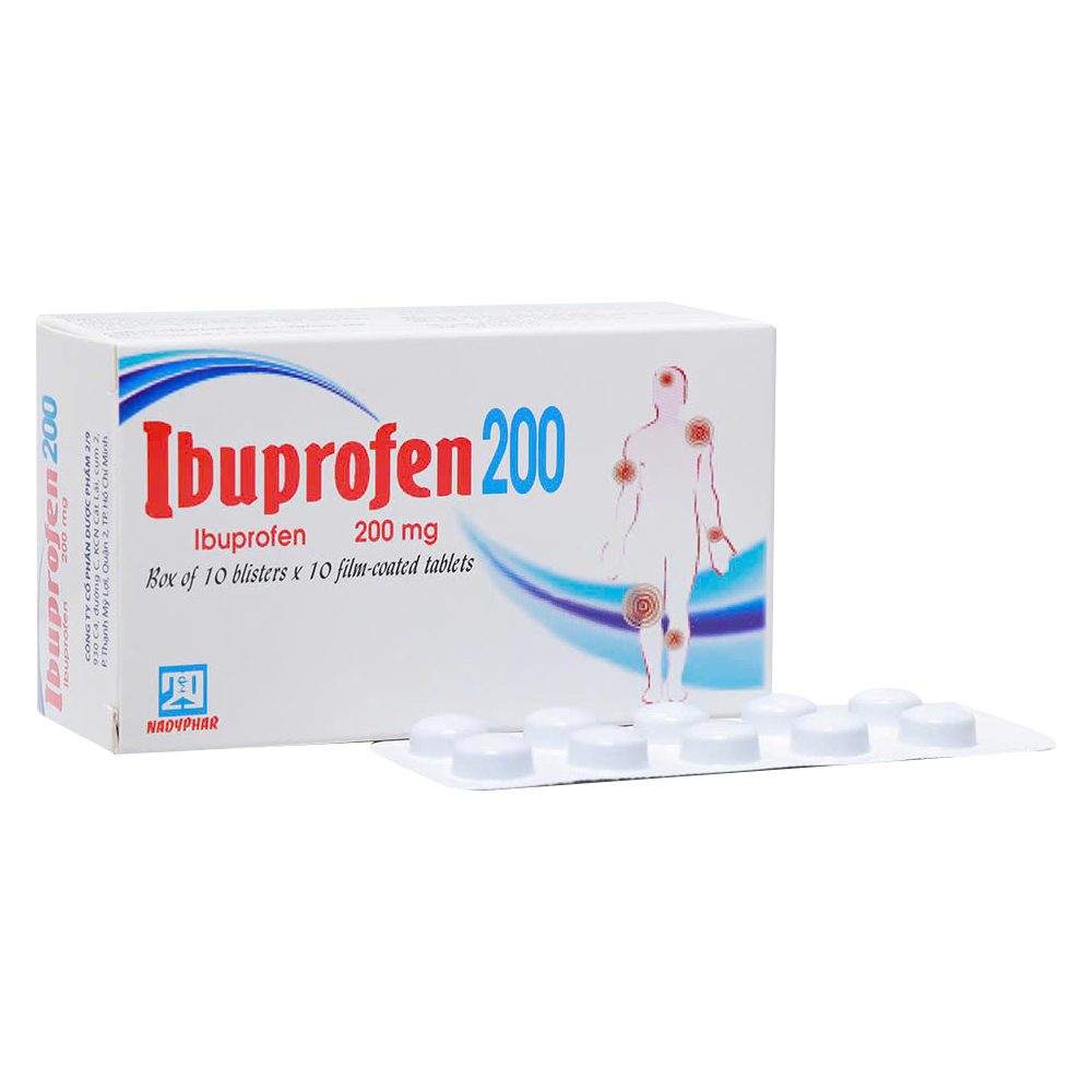 Thuốc Ibuprofen 200mg Nadyphar giảm đau, hạ sốt, chống viêm (10 vỉ x 10 viên)