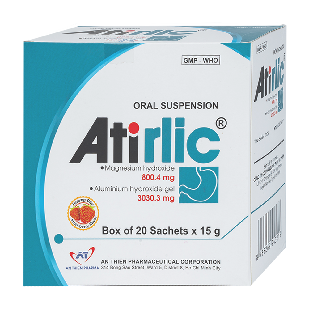 Hỗn dịch uống Atirlic điều trị viêm dạ dày cấp và mạn tính, đầy hơi, chướng bụng (hộp 20 gói)