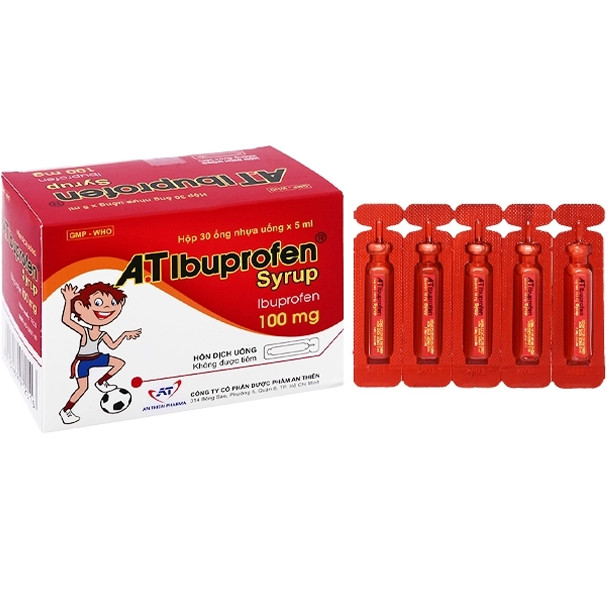 Hỗn dịch uống A.T Ibuprofen 100mg/5ml giảm đau, hạ sốt, chống viêm (30 ống x 5ml)