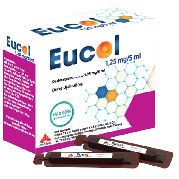 Eucol 1.25mg/5ml trị viêm mũi dị ứng, mày đay, ngứa (4 vỉ x 5 ống)