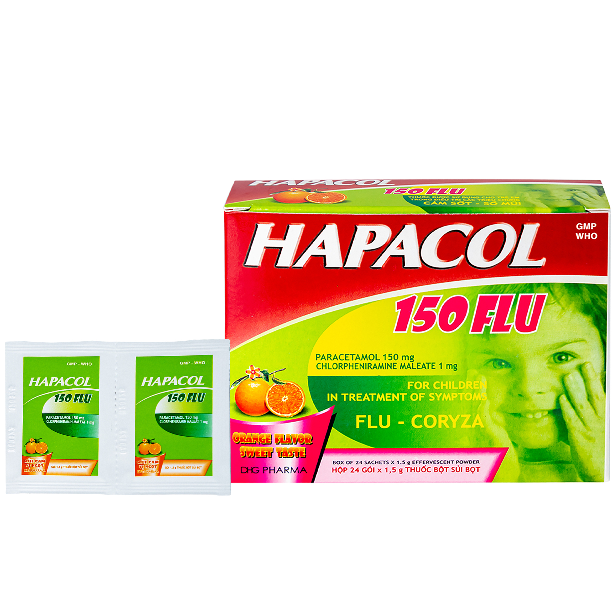 Bột sủi bọt Hapacol Flu Kids trị các triệu chứng cảm sốt thông thường (hộp 24 gói)