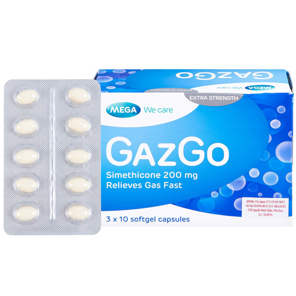GazGo 200mg (hộp 30 viên) điều trị đầy hơi, chướng bụng, khó tiêu