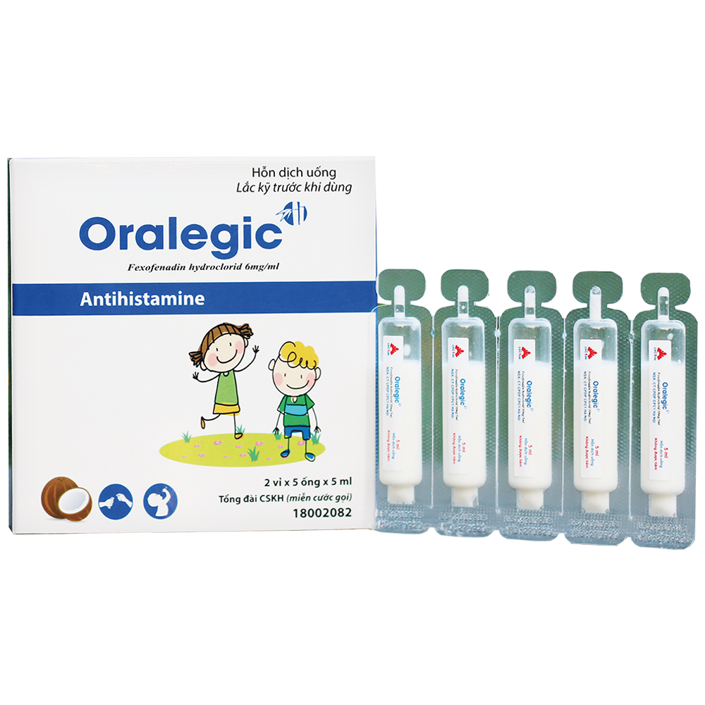 Hỗn dịch uống Oralegic 30mg/5ml trị viêm mũi dị ứng, mày đay, ngứa (2 vỉ x 5 ống)