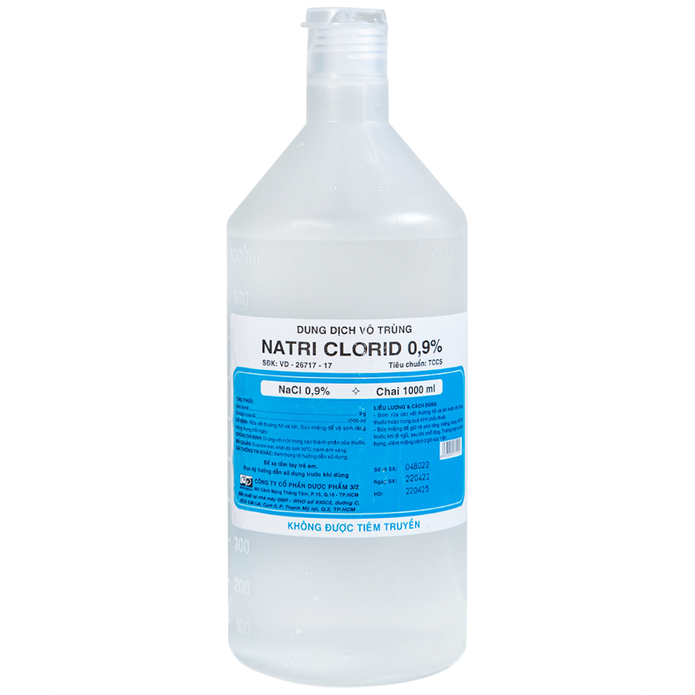 Natri Clorid 0.9% súc miệng, rửa sạch vết thương (chai 1000ml)