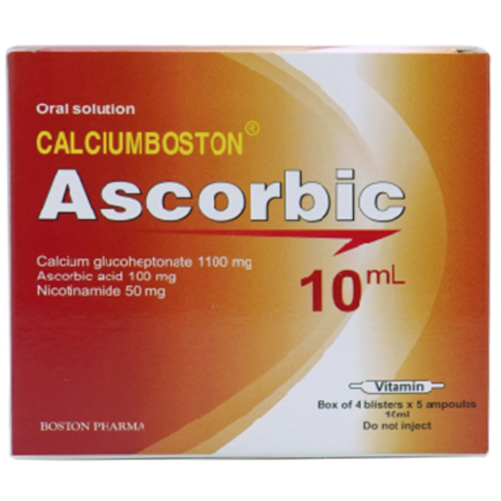 Thuốc Calciumboston Ascorbic trị thiếu Calci, Vitamin C và Vitamin PP (4 vỉ x 5 ống)