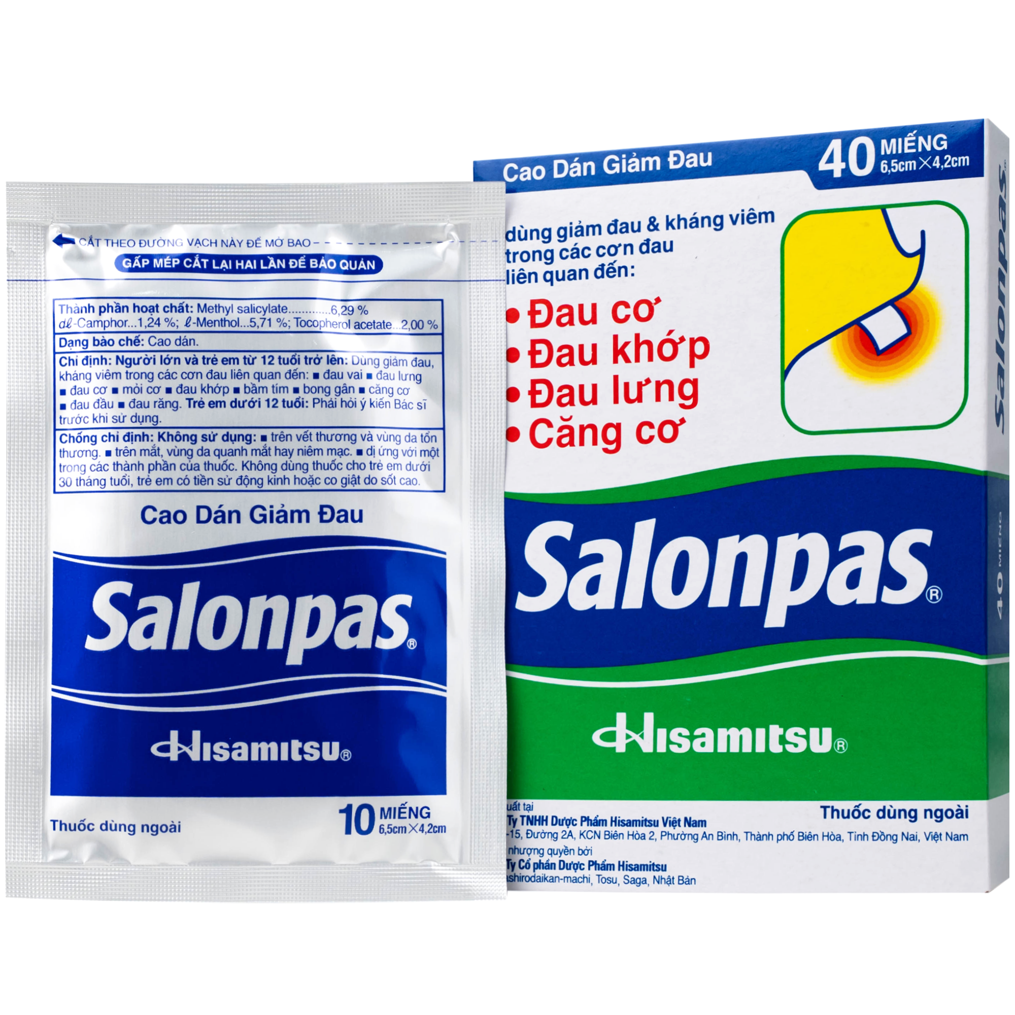 Cao dán Salonpas dán 6.5cmx4.2cm giảm đau vai, đau cổ, đau lưng, đau khớp (4 túi x 10 miếng)