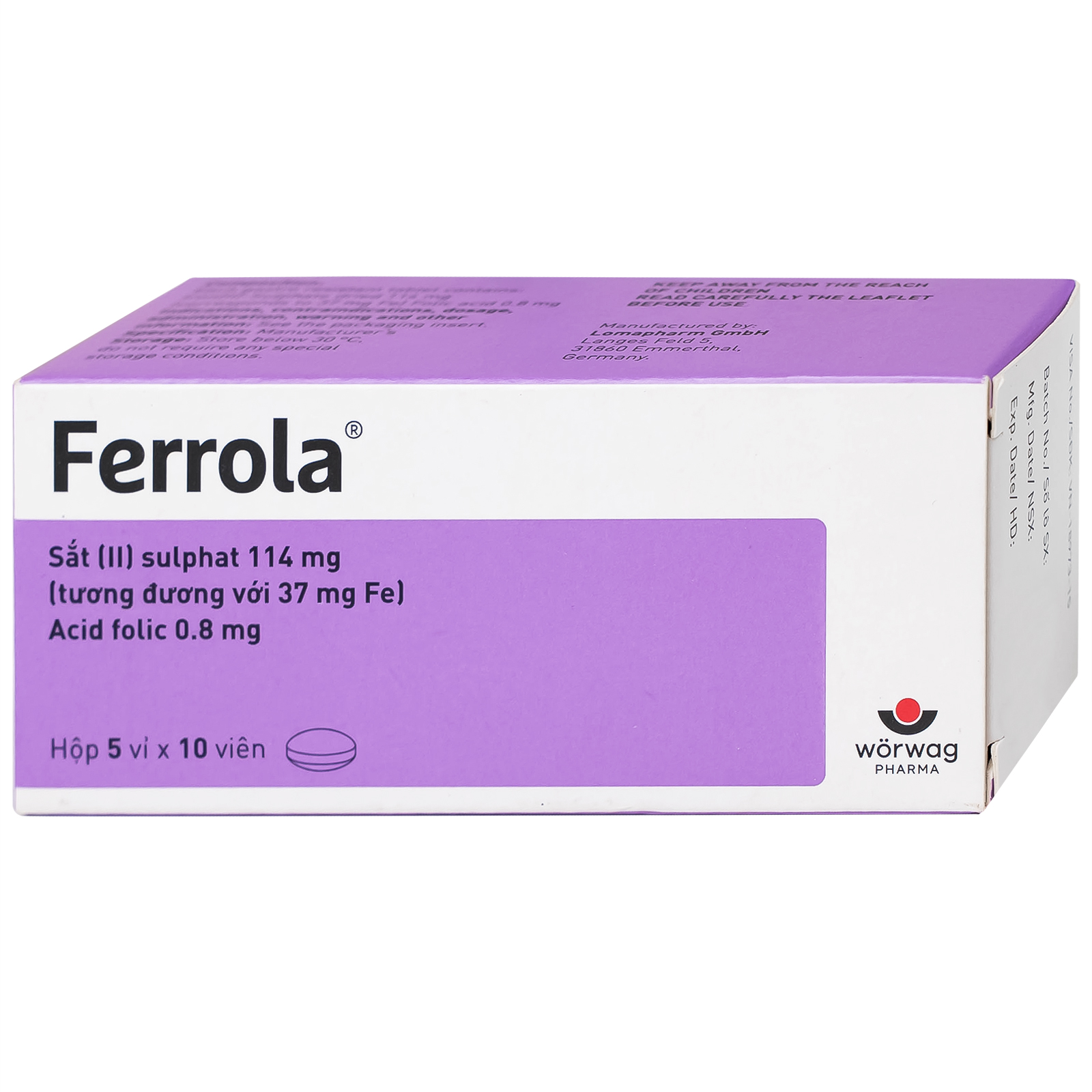 Viên bao tan ở ruột Ferrola 114mg/0,8mg bổ sung sắt, bổ máu (5 vỉ x 10 viên)