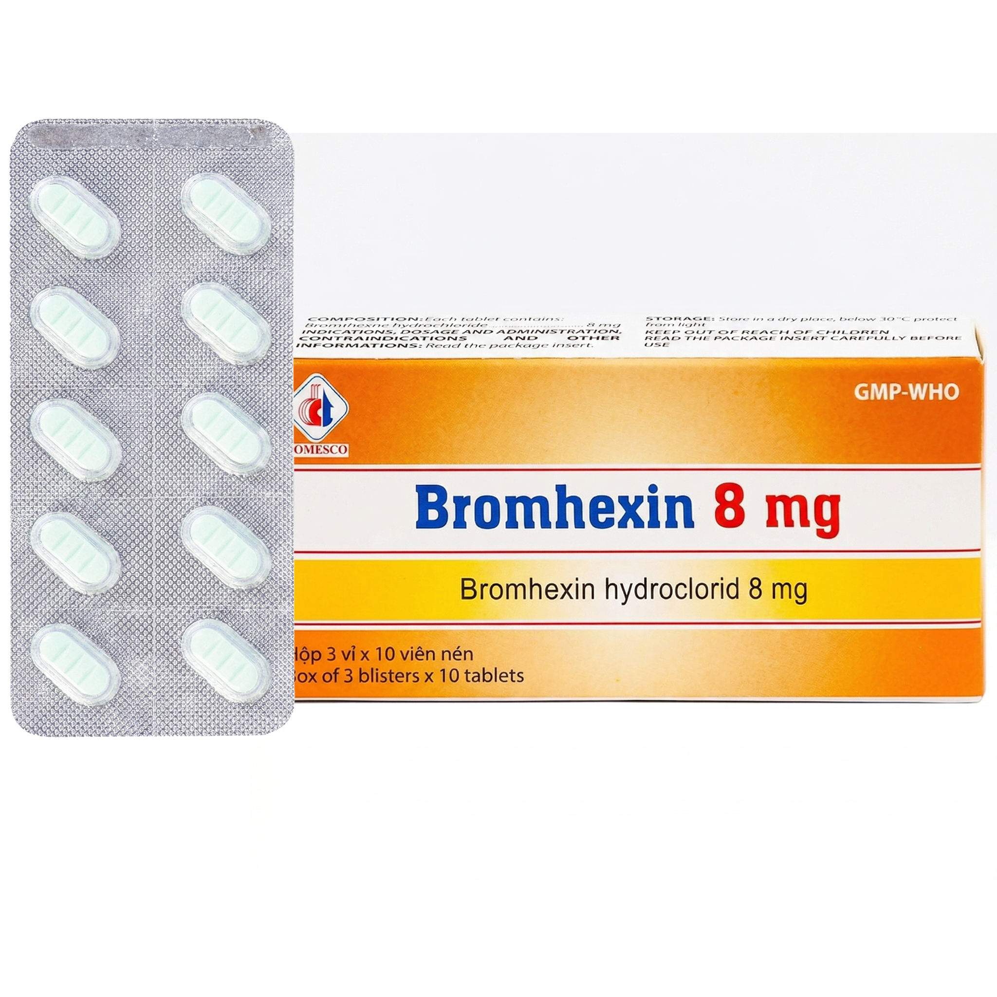 Bromhexin 8 mg điều trị rối loạn tiết dịch phế quản (3 vỉ x 10 viên)