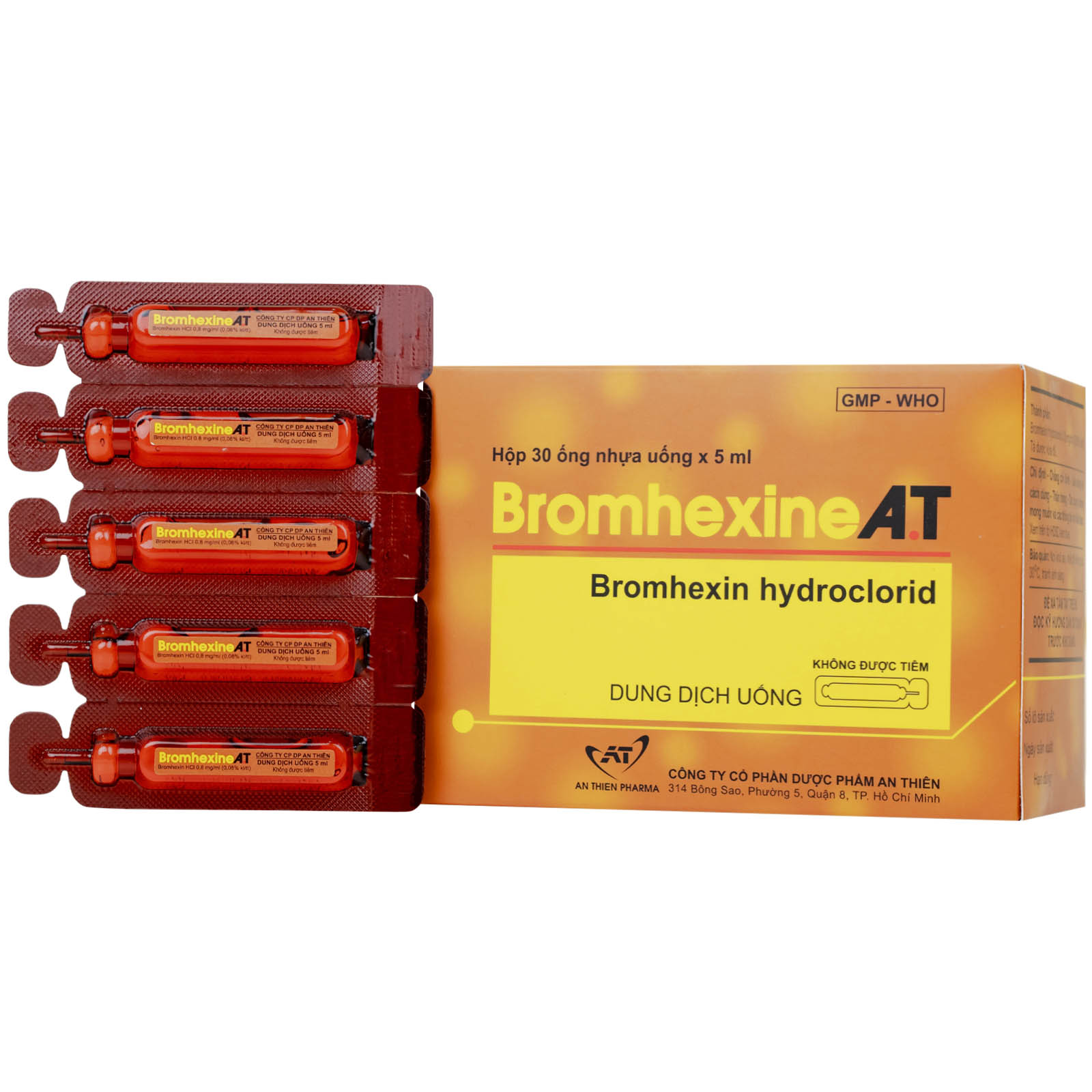 Dung dịch uống A.T Bromhexine 4mg/5ml điều trị loãng đờm (30 ống x 5 ml)