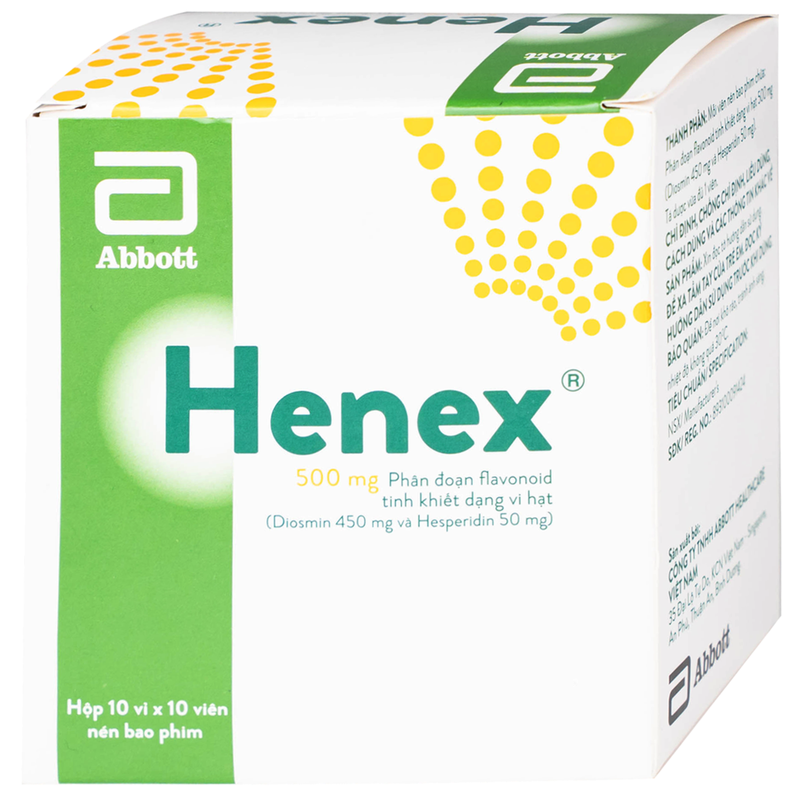 Viên bao phim Henex 500mg điều trị suy giãn tĩnh mạch, trĩ cấp và trĩ mạn (10 vỉ x 10 viên)