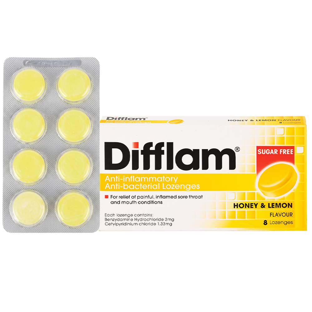 Viên ngậm Difflam Lozenges (Honey & Lemon) giảm triệu chứng đau họng (1 vỉ x 8 viên)