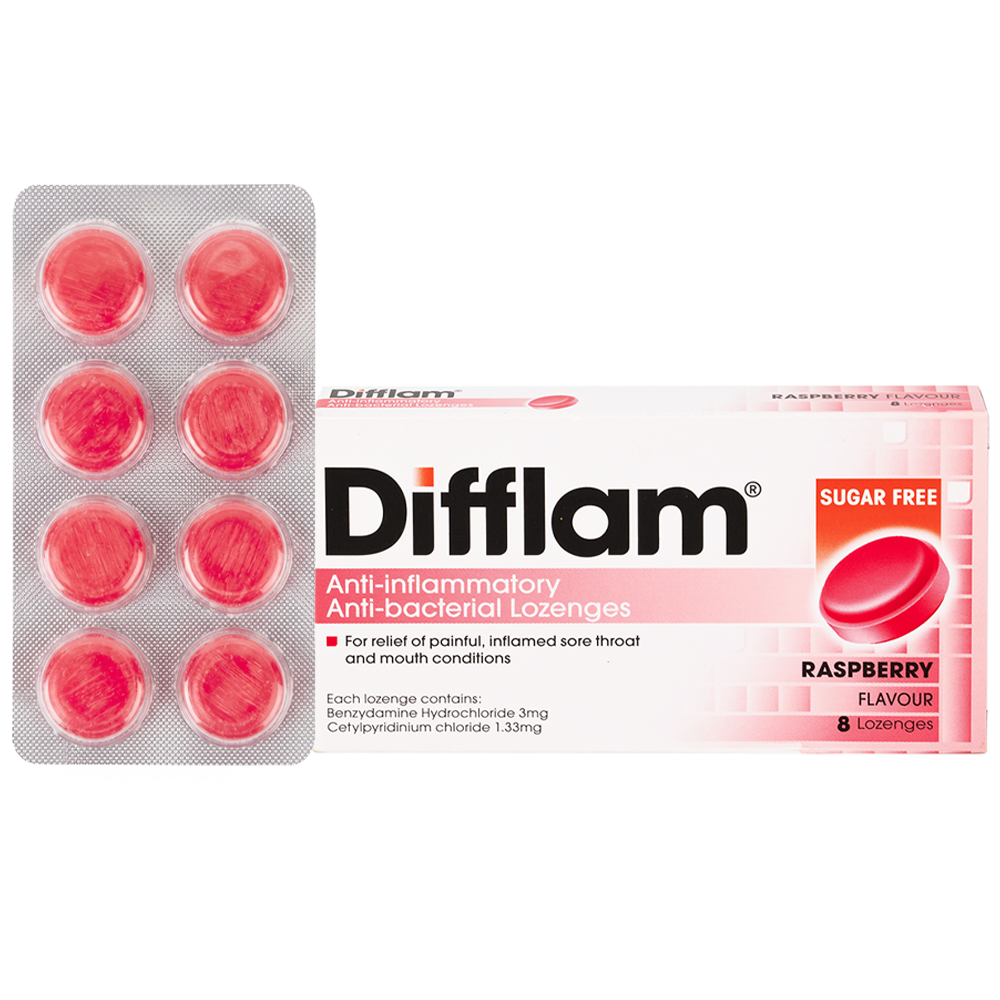 Viên ngậm Difflam Lozenges (Raspberry) giảm đau và sưng viêm họng (1 vỉ x 8 viên)