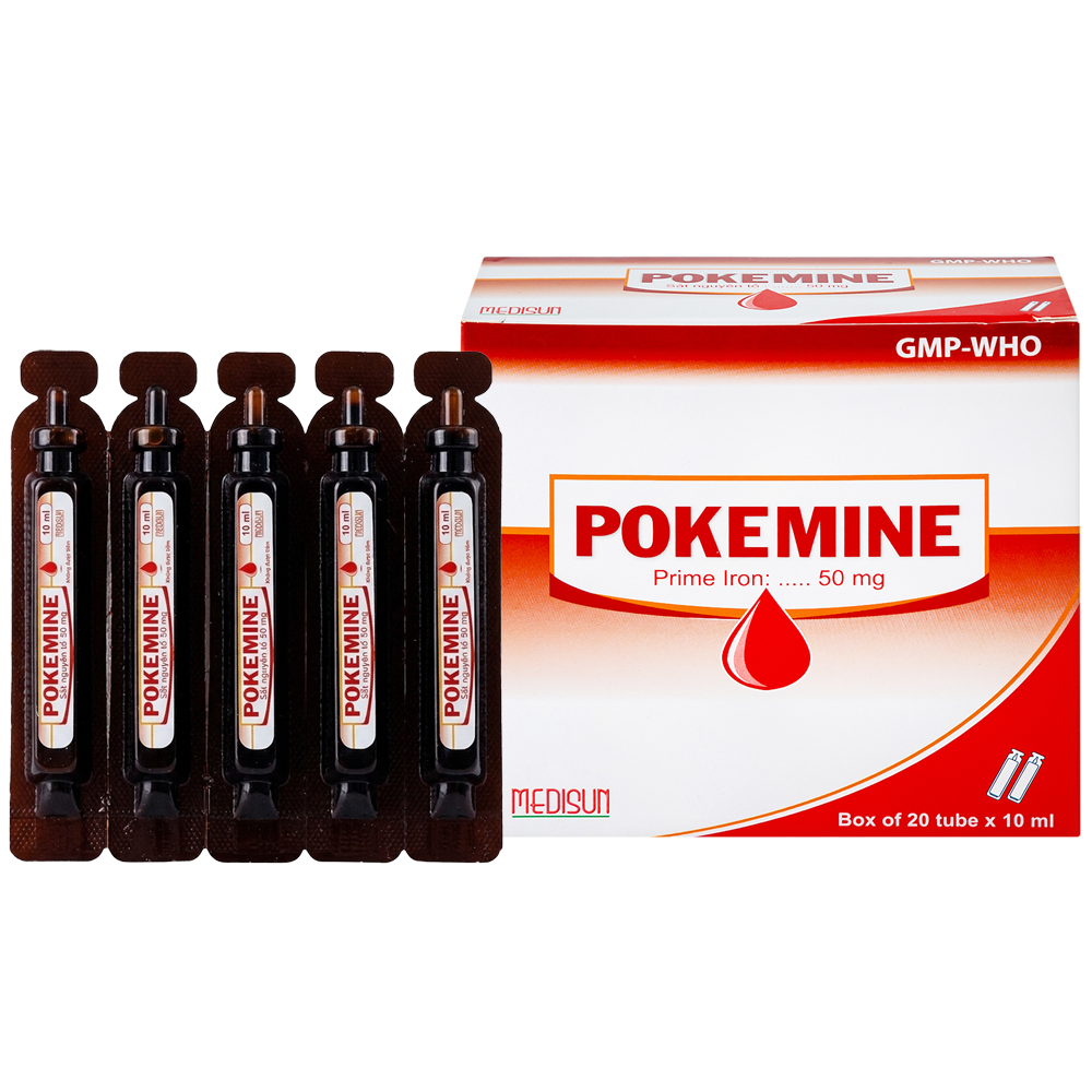 Thuốc Pokemine 50mg bổ sung sắt cho người thiếu máu (Hộp 20 ống)