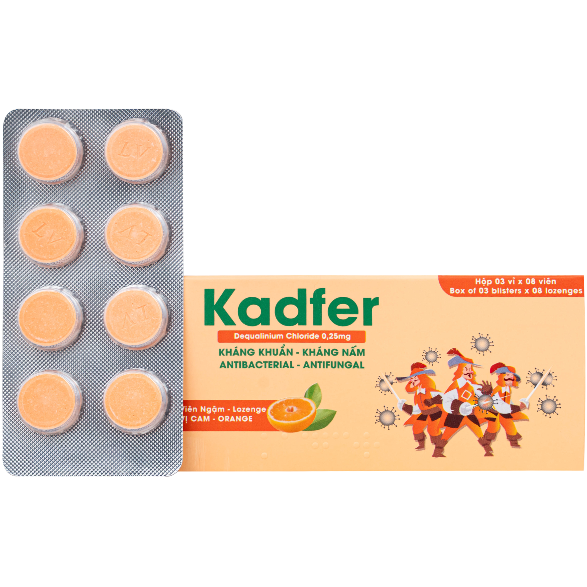 Viên ngậm Kadfer 0.25 Enlie điều trị viêm họng, amidan, lưỡi (3 Vỉ x 8 Viên)