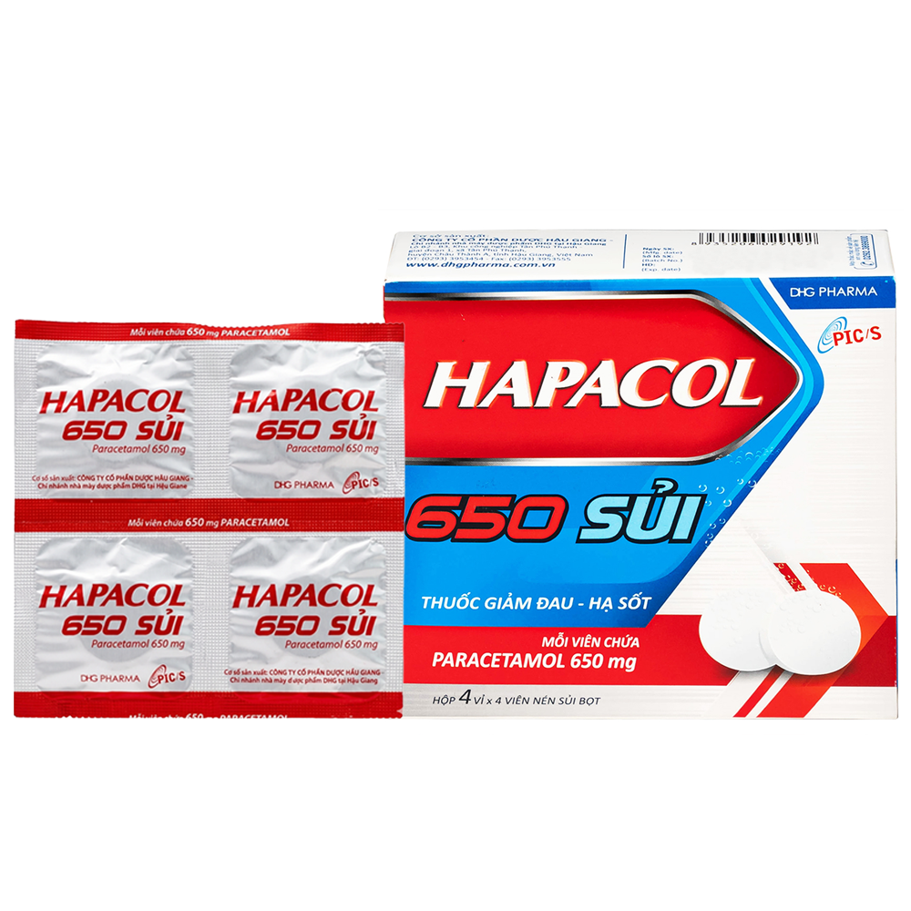 Viên sủi Hapacol 650 DHG trị các cơn đau nhẹ đến trung bình và sốt (Hộp 16 viên)