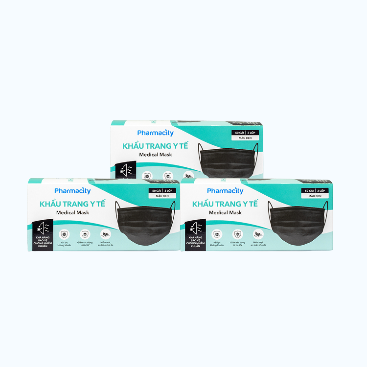 Combo Pharmacity Khẩu trang y tế 3 lớp màu đen (Hộp 50 cái)