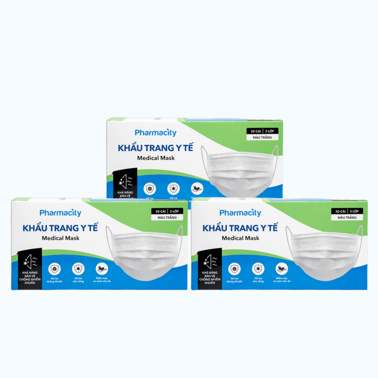 Combo 3 Hộp Pharmacity Khẩu trang y tế 3 lớp màu trắng (Hộp 50 cái)