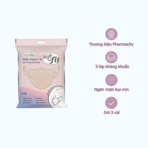 Khẩu trang mềm mại không lem lớp trang điểm Pharmacity Soft-fit, giảm tác động từ tia UV (Gói 5 cái) - Màu hồng