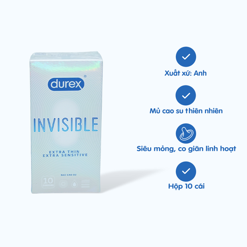 Bao cao su DUREX Invisible Extra Thin Extra Sensitive siêu mỏng, vừa vặn và ôm sát (hộp 10 cái)