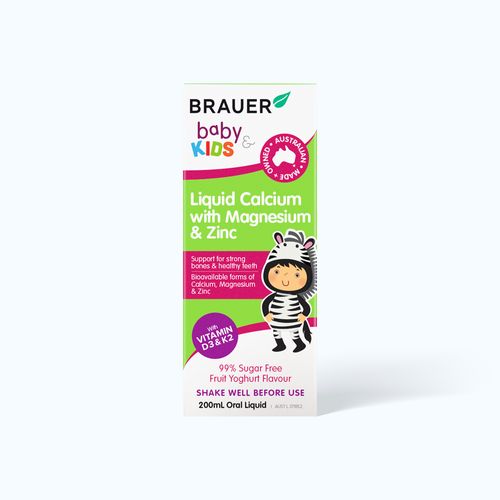 Siro BRAUER Kids Liquid Calcium with Magnesium & Zinc hỗ trợ xương & răng  chắc khỏe cho trẻ từ 1 tuổi (Chai 200ml)