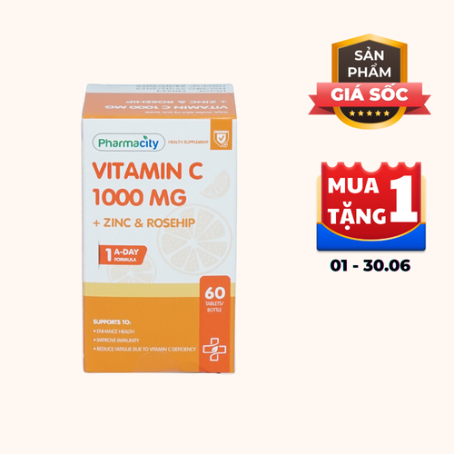 Viên uống Pharmacity Vitamin C 1000mg + Zinc & Rosehip hỗ trợ sức đề kháng và tăng cường sức khỏe  (Chai 60 viên)