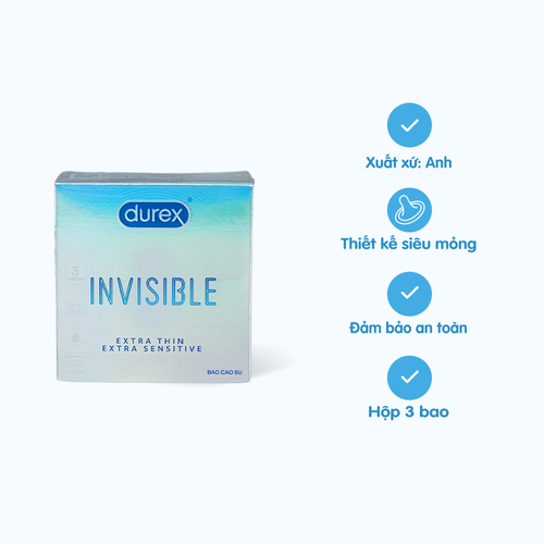 Bao cao su DUREX Invisible Extra Thin Extra Sensitive siêu mỏng, vừa vặn và ôm sát (hộp 3 cái)