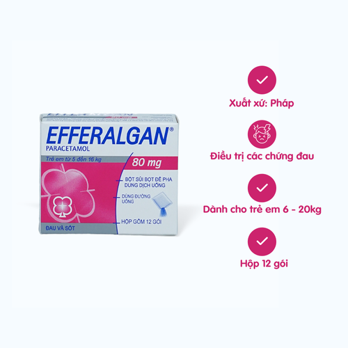 Bột sủi bọt Efferalgan 80mg giảm đau từ nhẹ đến vừa và hạ sốt (hộp 12 gói)